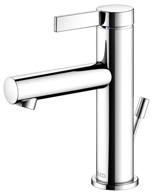Chromfarbener Waschbeckenmischer von Keuco mit einem schlanken Design, schwenkbarem Auslauf und einem separaten Zugmechanismus.